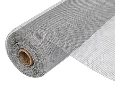 A roll of aluminum insect mesh with wrapped edge on the white background.