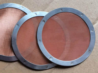 There are three copper wire mesh filter discs with stainless steel frames.