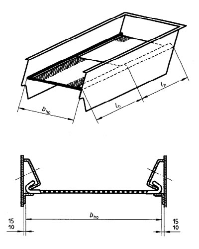 Screening surfaces can be tensioned by hook strips, to the direction of the flow of the material being screened, the dimension of the screening surface between hook strips is designated as ani for end tensioning with downward bent hook strips or with one downward and one upward bent hook strip, anio for end tensioning with a downward bent hook strip at one end and a flat tensioning bar at the other end.