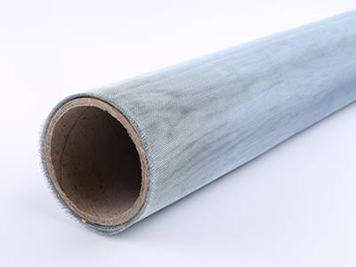 A roll of bluish galvanized iron insect screen on the white background.