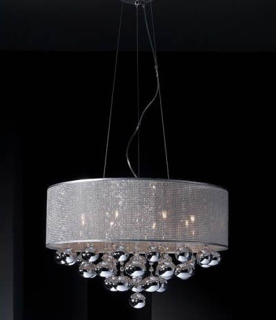 Silver wire meshes are designed into a lampshade hanging on ceiling.